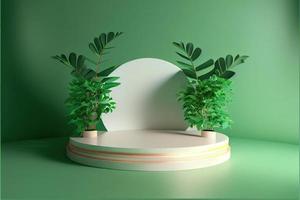 Realistic Illustration Natural 3D Render Podium with soft Green for product display photo