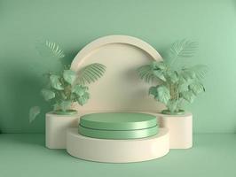 Ilustración realista en 3d de podio verde suave con hojas alrededor para soporte de producto foto