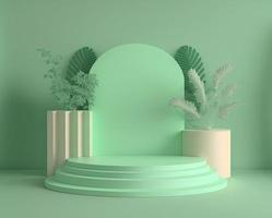ilustración de representación 3d realista de podio verde suave con hojas alrededor para exhibición de productos foto