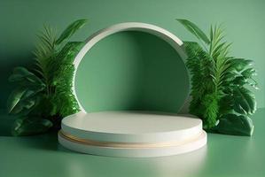 Realistic Natural 3D Render Podium with soft Green for product showcase photo