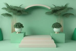 ilustración de representación 3d realista de podio verde suave con hoja alrededor de la escena del producto foto