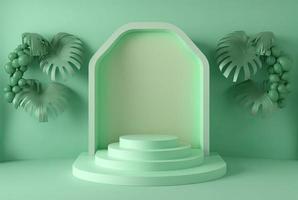 realistic 3d rendering illustration of pastel green podium with leaf decoration for product showcase photo