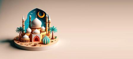 3D Illustration of Mosque for Islamic Ramadan Banner with Copy Space photo