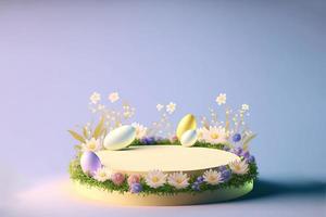 3D render of Easter background banner with product podium stand, eggs, and flower photo