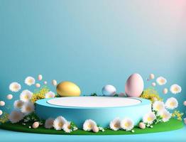 3D render illustration of Easter background banner with product podium platform, eggs, and flower photo