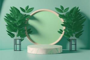 Realistic Nature 3D Render Podium with soft Green for product display photo