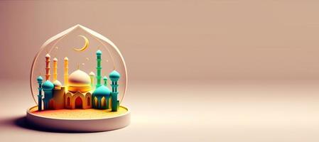 Digital 3D Illustration of Mosque for Ramadan Islmic Celebration Banner with Copy Space photo