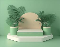 realistic 3d rendering illustration of pastel green podium with leaf around for product stand photo