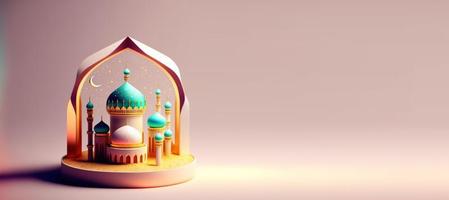 Digital 3D Illustration of Mosque for Eid Ramadan Islmic Celebration Banner with Copy Space photo