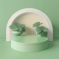 realistic 3d rendering illustration of pastel green podium with leaf decoration for product presentation photo