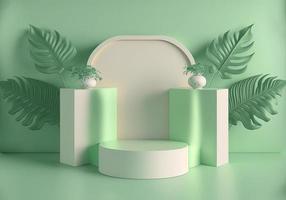 Ilustración realista en 3d de podio verde pastel con hoja alrededor para la promoción del producto foto