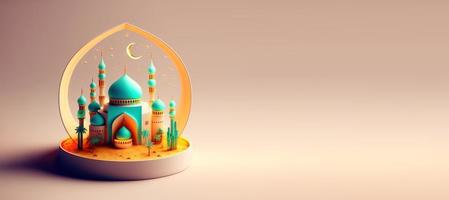 Digital 3D Illustration of Mosque for Eid Ramadan Islmic Celebration Banner with Copy Space photo