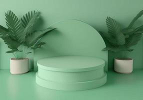 3d realistic illustration of pastel green podium with leaves around for product display photo