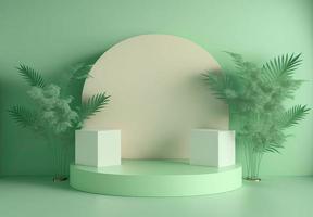 3d realistic illustration of pastel green podium with leaves around for product scene photo