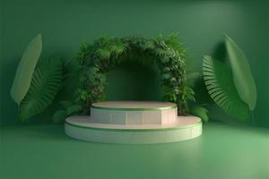 Realistic Nature 3D Podium with soft Green for product presentation photo