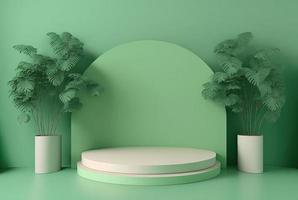 Ilustración realista en 3d de podio verde pastel con hoja alrededor para exhibición de productos foto
