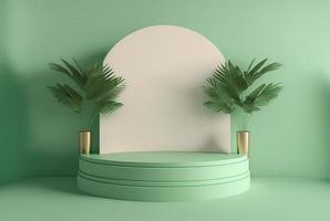 ilustración de representación 3d realista de podio verde pastel con hoja alrededor para exhibición de productos foto