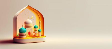 Mosque Digital Illustration for Eid Ramadan Islmic Celebration Banner with Copy Space photo