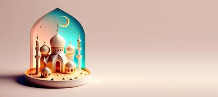 Mosque Digital 3D Illustration for Eid Ramadan Islmic Celebration Background with Copy Space photo