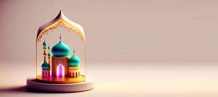 ilustración digital 3d de la mezquita para la pancarta del ramadán islámico eid con espacio de copia foto