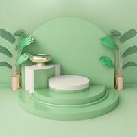 ilustración de renderizado 3d realista de podio verde suave con decoración de hojas para la escena del producto foto