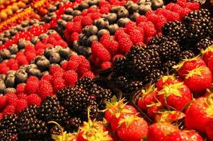 Assortment of summer fresh organic berries on market. Local farmers produce. Autumn harvest. Horticulture industry. Healthy eating concept. Agriculture business photo