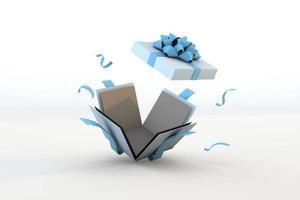 Blue gift box floating present on white background. 3D render photo