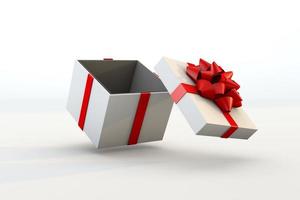 white gift box floating with red ribbon. 3d render photo