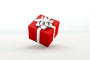 caja de regalo roja flotante y cinta blanca. renderizado 3d foto
