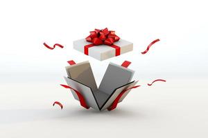 Open present box or gift box with red ribbons and bow isolated on white background. 3d render photo