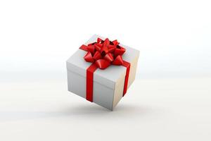 Floating white gift box and red ribbon. 3d render photo