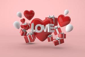 3d Valentines day with red heart, gift boxes and balloons photo