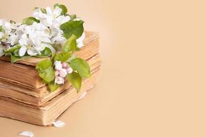 ramitas de manzana en flor con libros de vinage. composición de bodegones de primavera foto