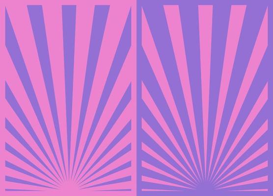 Vintage Purple Pink Sunburst Stripes Poster Set, Template With Rays Centered at the Bottom. Retro Inspired Cartoon Vertical Posters.