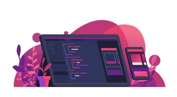 Mobile App Development Coding Program in Computer Monitor and Debugging with Smartphone Flat Vector Illustration with Orange and Purple Color
