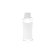 Small transparent plastic bottle with white cap and white blank label isolated on white background including clipping path and original shadow. place for text. photo