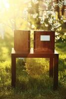 dos libros de fotos de madera sobre la mesa en la naturaleza. lugar para la inscripción. vista lateral