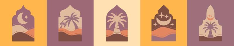 Collection of Islamic Minimal Arch Window Frame with Sand Dune, Palm Tree and Crescent Moon Background for Ramadan Kareem Greeting Card. vector