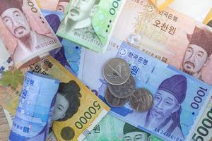 Korean currency . Bank notes and coins used as a medium of exchange. Stimulate production and help drive products from production sources to consumers. photo