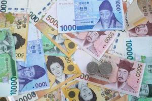 Korean currency . Bank notes and coins used as a medium of exchange. Stimulate production and help drive products from production sources to consumers. photo