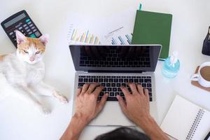 vista superior del hombre sentado y trabajando en el sofá de casa para cumplir con la política de la empresa. el trabajo desde casa puede usar Internet y la computadora para videoconferencias y reuniones. reducir la propagación covid-19 foto