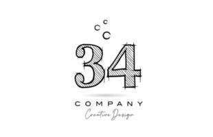 hand drawing number 34 logo icon design for company template. Creative logotype in pencil style vector