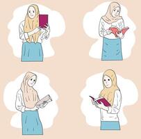 chica musulmana con hiyab llevando un libro. vector de estilo dibujado a mano