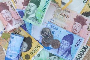 moneda coreana. billetes y monedas de banco utilizados como medio de cambio. estimular la producción y ayudar a impulsar los productos desde las fuentes de producción hasta los consumidores. foto