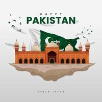 Pakistan Resolution Day Mosque Landmark Orange Color With Big Nation Flag vector