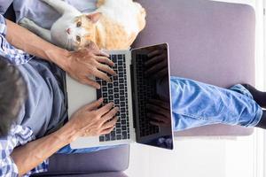 vista superior del hombre sentado y trabajando en el sofá de casa para cumplir con la política de la empresa. el trabajo desde casa puede usar Internet y la computadora para videoconferencias y reuniones. reducir la propagación covid-19 foto