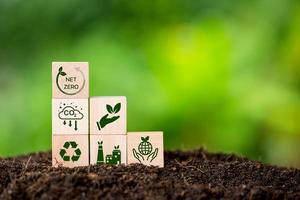 Net zero greenhouse gas emissions reduction with carbon credit concept. Reduce carbon dioxide e.g. renewable energy production improve the efficiency of transportation reduce environmental pollution. photo