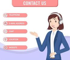 Call center female operator with headphones and microphone showing pose and set call us icon. Vector flat cartoon illustration