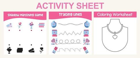 3 in 1 activity sheet for children. Educational printable worksheet. Shadow matching game, tracing lines and coloring activity worksheet. Vector file.