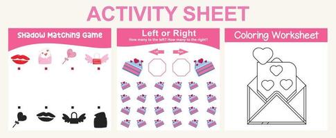 3 in 1 activity sheet for children. Educational printable worksheet. Shadow matching game, tracing lines and coloring activity worksheet. Vector file.